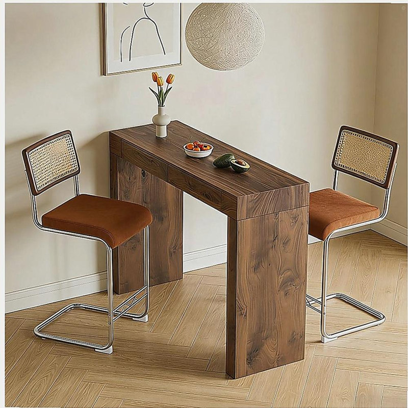 Ensemble de 2 chaises de bar en velours, jumelées à une table de bar à grain de bois de noyer, avec fonction de rangement, convenant aux restaurants et aux cafés