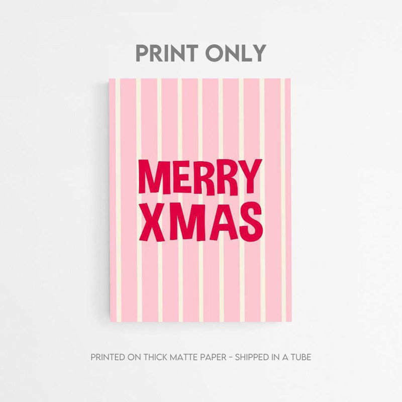 Merry Xmas Pink Stripes - Art mural de Noël personnalisable, H 24 po x l 18 po, Impression encadrée sans passe-partout, Blanc