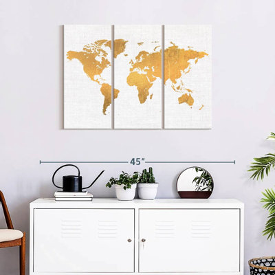 «World Map Light Gold World Map», reproduction sur toile 3 pièces par Enchanté Designs