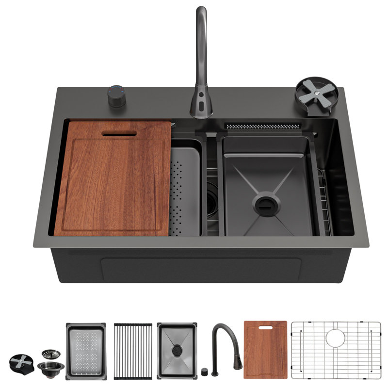 Gunmetal Black Kitchen Sink Stainless Steel, Elegant Waterfall Design And Functional Workstation - Perfect For Modern Kitchens