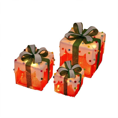 3 Piece Foldable Light Up Christmas Gift Boxes with Remote and 8 Lighting Modes Battery Operated LED Holiday Decor Set Christmas Decor Gifts