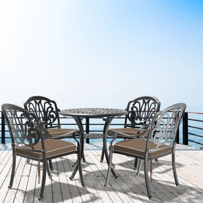 Mobilier de patio extérieur en fonte d'aluminium - noir, antirouille, coussins confortables, pouvant accueillir 4 personnes, noir, 5 sièges ergonomiques avec coussins