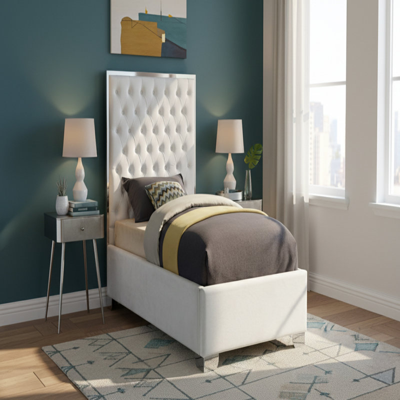 Spadaro Upholstered Platform Bed, White Velvet, Silver, Twin