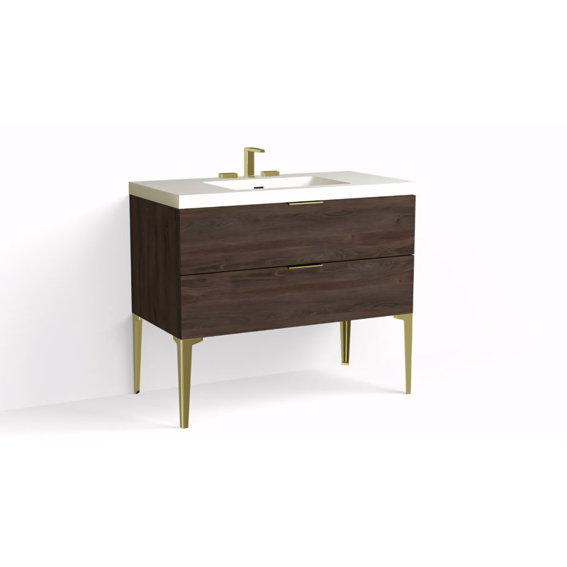 Avila 42" W Freestanding Single Bathroom Vanity with Dean Leg, Matte White/8" Widespread, Charred, Satin Brass