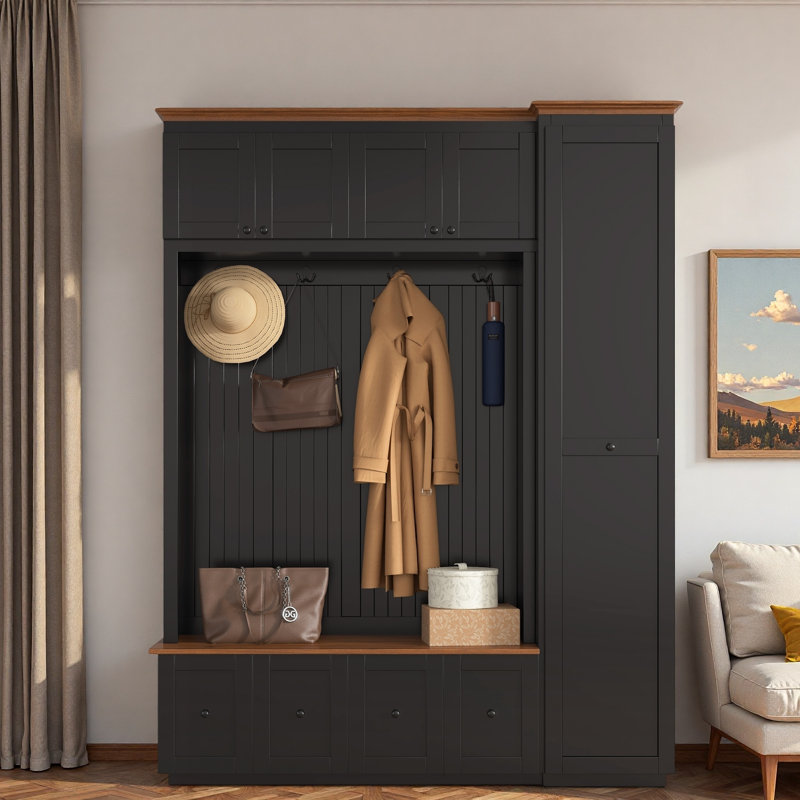 5-in-1 Hall Tree With Bench, Coat Rack, Drawers, Cabinets And Extra-large Side Storage Space, Black