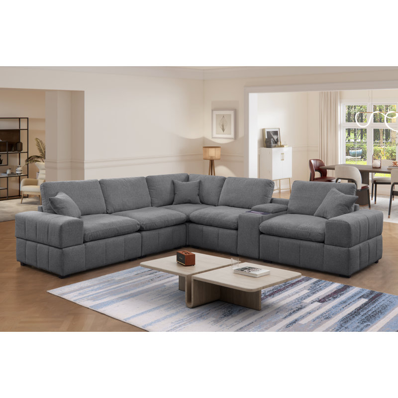 Upholstered Chenille 6 Piece Modular Sectional Sofa With 2 Cup Holders & Wireless Charging & Storage, Dark Gray Chenille