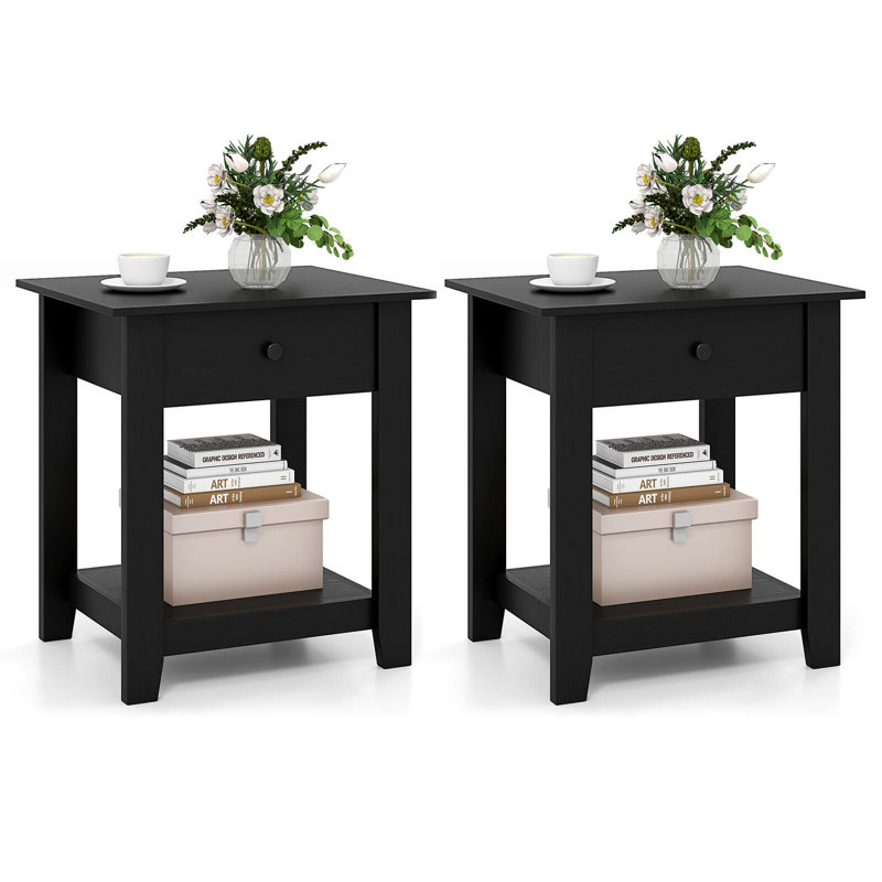 Table de chevet moderne à 3 niveaux avec 2 tablettes ouvertes, Ensemble de 2, Noir