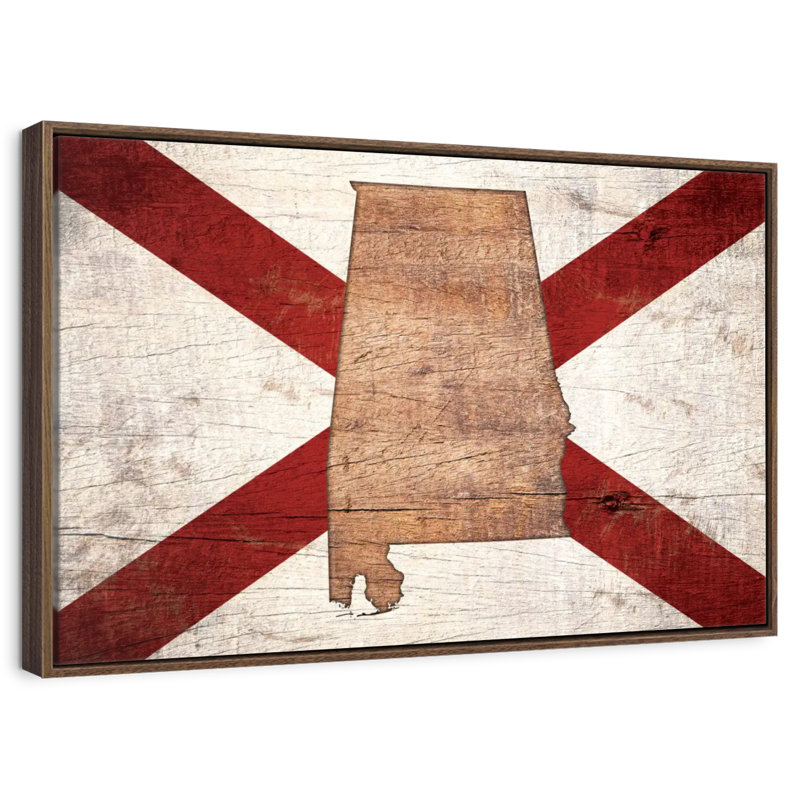 Carte d'État sur le drapeau de l'Alabama, 25 po x 17 po, Cadre flottant noyer
