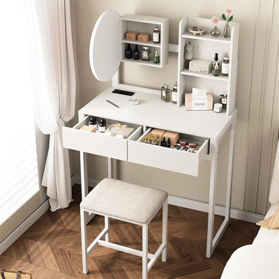 Small Vanity Table With 3 Lighting Modes Led Mirror, Built - In Power Outlet, Drawer And Open Shelving White Desk Charging, Stool