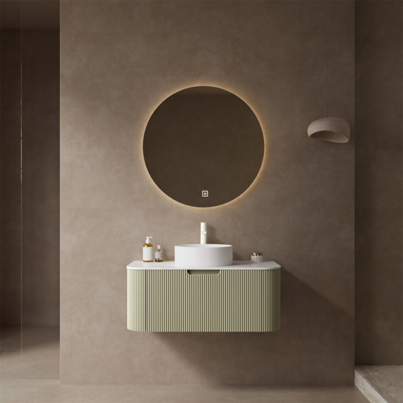 Meuble-lavabo mural moderne 36 po avec bords arrondis, armoire de rangement rayée, lavabo rond en céramique et tiroir à fermeture en douceur