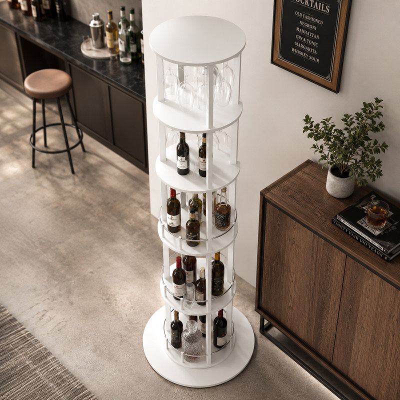 Casier à vin rond Staley de 185 cm de hauteur avec porte-verres rotatif à 360°, Blanc