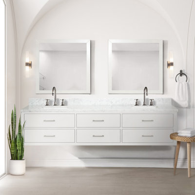White Double Bath Vanity 84 In. W X 22 In. D, Carrara Marble Top, And Faucet Set