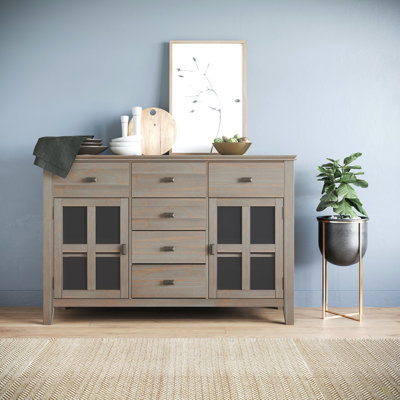 Solid Wood Sideboard Buffet In Distressed   Finish With Protective Lacquer, Transitional Style, Featuring 6 Drawers, 2 Glass-Door Cabinets With Shelves