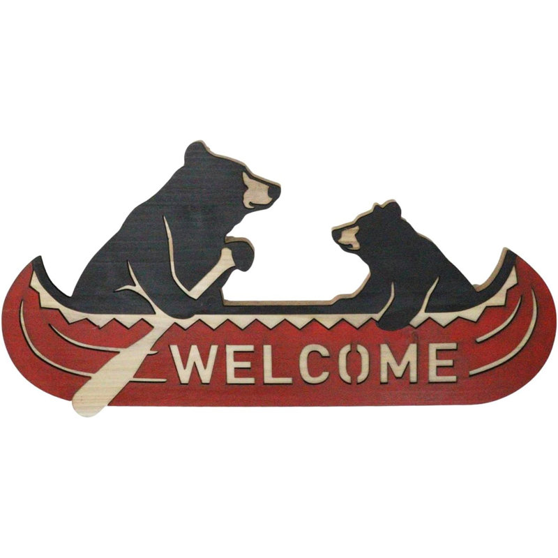 Rustic Father Bear With Cub Rowing Red Canoe Boat Welcome MDF Wall Decor Plaque