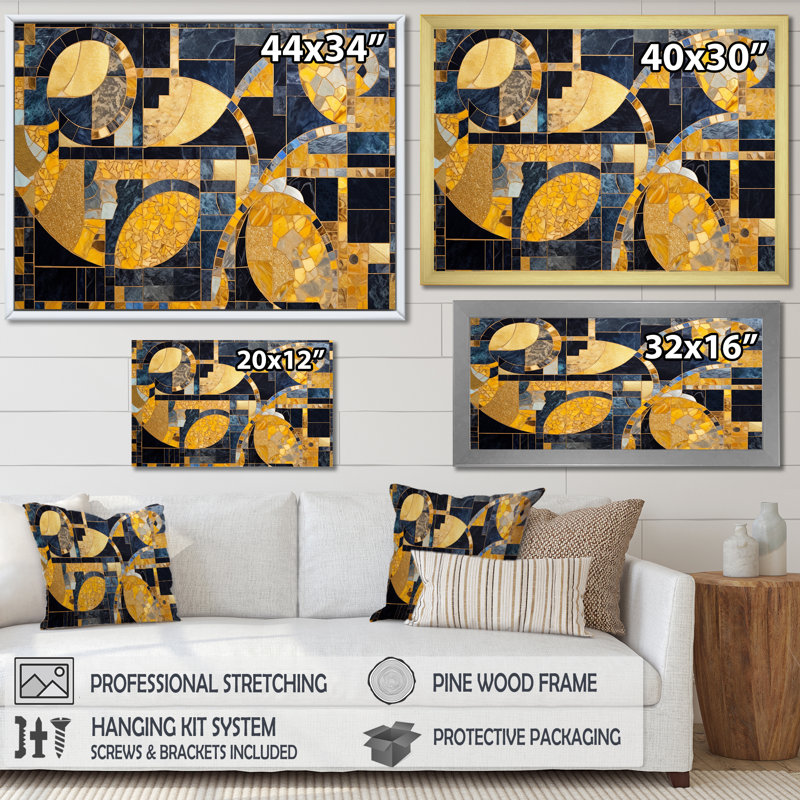 Mosaïque abstraite bleue et dorée sur toile, H 24 po x l 32 po x P 1 po, Toile tendue