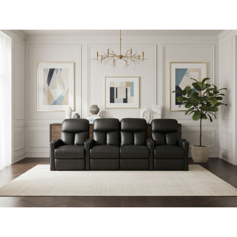 Upholstered Power Reclining Home Theater Seating with Cup Holder, Luxe Black, Power