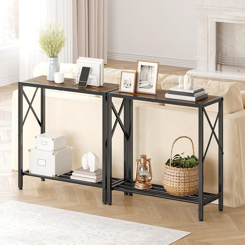 Console étroite à 2 niveaux avec structure en X, table d'appoint rustique brun avec étagères de rangement pour l'entrée et le salon