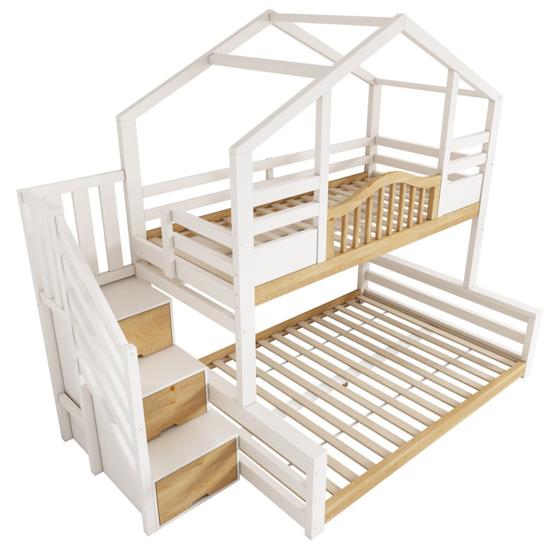 Bunk Bed With Staircase Storage, House-Shaped Design, Solid Wood, (90+135)X190 Cm, White & Natural
