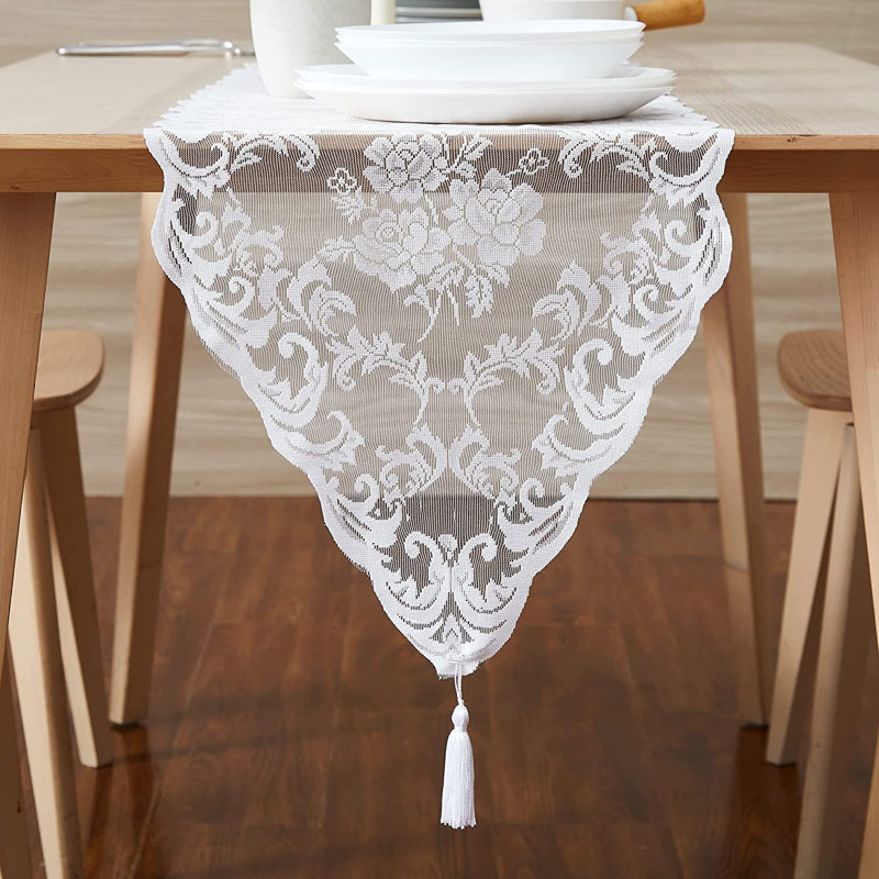 Lace Table Runner With 2 Tassels, 14" x 96", White