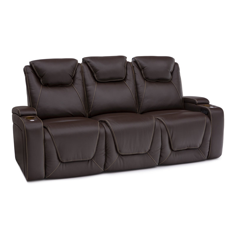 Canapé de cinéma maison inclinable électrique en cuir véritable de 85 po de largeur avec porte-gobelet, Cuir véritable brun