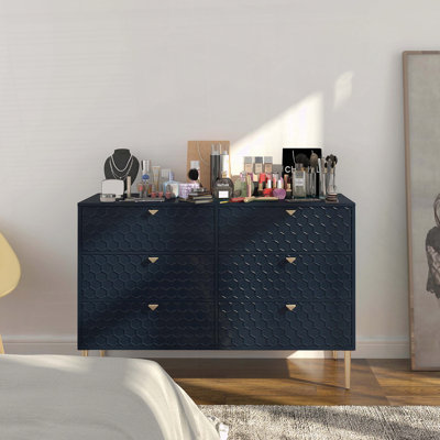 6‑Drawer Storage Chest with 3D Honeycomb Pattern & Tapered Gold Legs – Wood Veneered MDF Cabinet