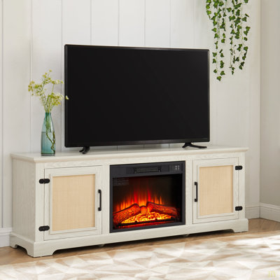 Armoire à portes en rotin avec tablette réglable en bois, console en rotin de style campagne pour téléviseur de 70 po ou moins, meuble télé avec foyer encastré de 23 po, l 65 po x P 15,55 po x H 23,86 po