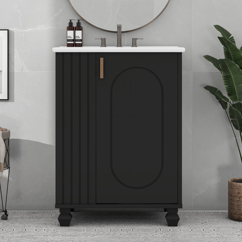 Meuble-lavabo 24 po avec lavabo, armoire de salle de bain avec tablette de porte, rangement latéral ouvert, Noir