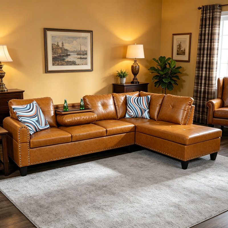 Canapé modulaire en L 97,5 po avec porte-gobelets intégrés, Ginger Faux Leather