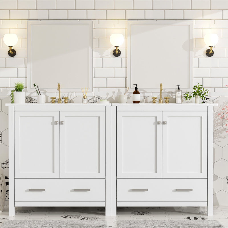 Meuble-lavabo de 60 po avec double meuble-lavabo, rangement et style moderne, Blanc