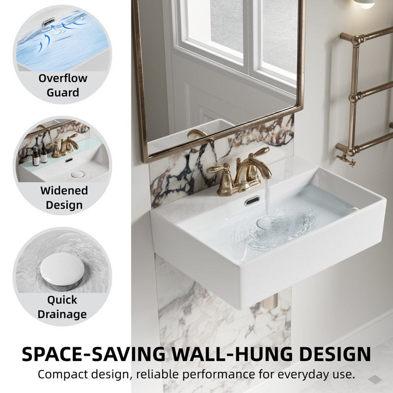 Évier flottant à fixation murale à 3 trous Los Flexi, céramique blanche avec trop-plein, H 5,12 po x L 20,08 po x l 14,17 po