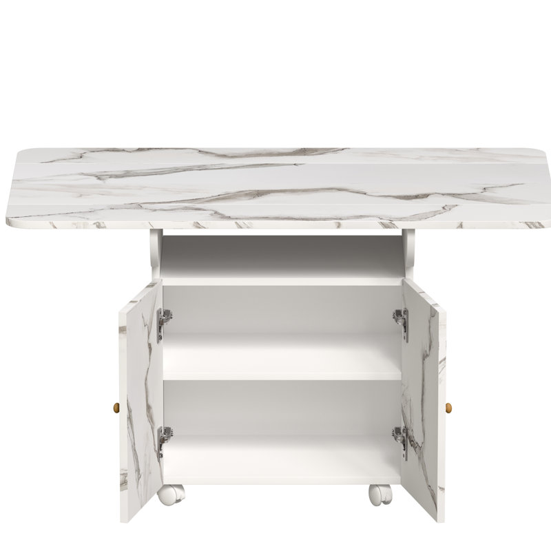 Table pliante de 47 po avec rangement, aspect marbre blanc, multifonctionnelle pour le style de pièce de rangement et 6 roulettes mobiles, 47 po, diverses occasions