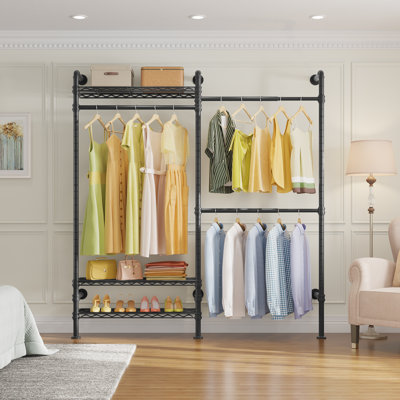 Timate F2 Wall Mounted Industrial Pipe Garment Rack, Expandable Heavy Duty Closet Organizer with Adjustable Shelves, Black