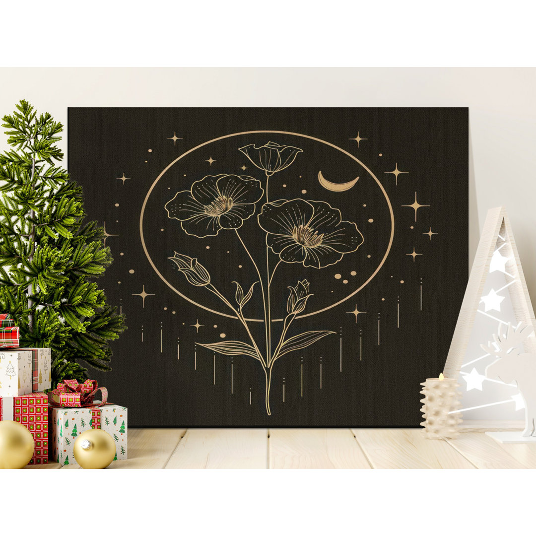 Faux Gold Celestial Floral Moon Canvas Wall Art, Mystical Botanical Print Decor for Witchy Boho & Dark Academia Aesthetic Home Gift