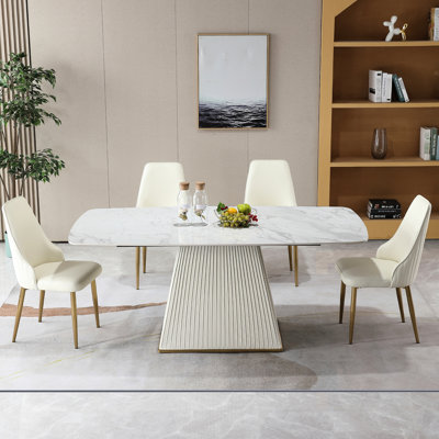 Table de salle à manger en pierre frittée de 71 po avec 6 chaises, blanc, teinté, table et chaise contemporaines à température, facile à entretenir, qualité de surface chauffante
