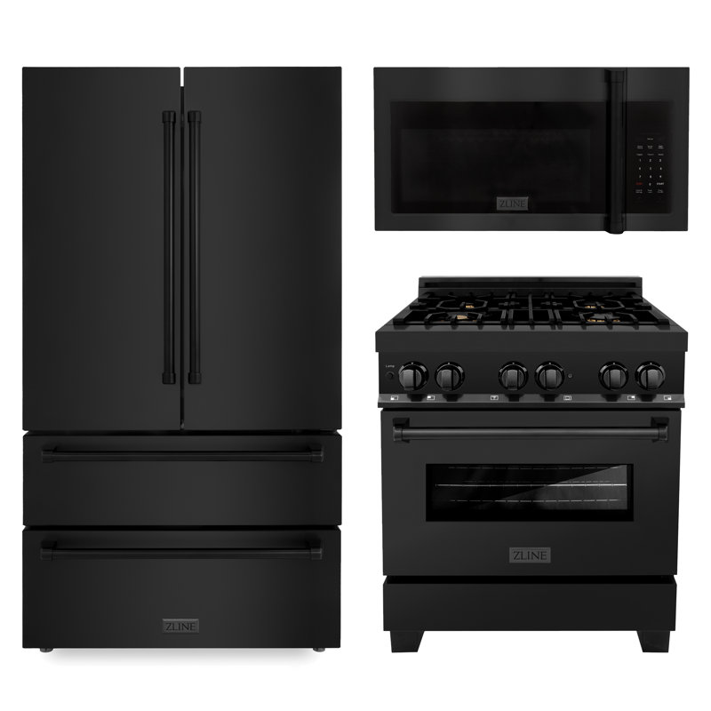 Black Studio Kitchen Package with Stainless Steel Refrigeration, 30" Dual Fuel Range and 30" Traditional Over the Range Microwave