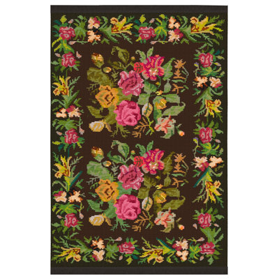 Karabakh Vintage Look Black Fringed Woven Base Rug