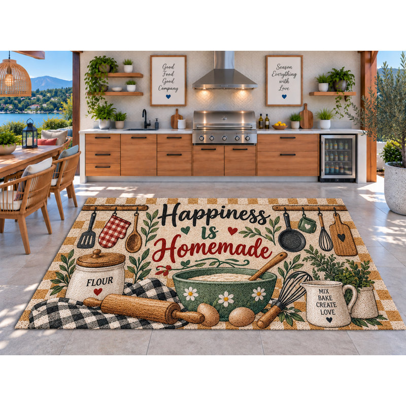 Tapis d'extérieur 152 x 213 cm « Le bonheur est fait maison » avec bol mélangeur, rouleau à pâtisserie et fouet. Tapis bouclé en PVC épais et imperméable, séchage rapide, idéal pour l'intérieur et l'extérieur (cuisine, porche, terrasse, entrée).