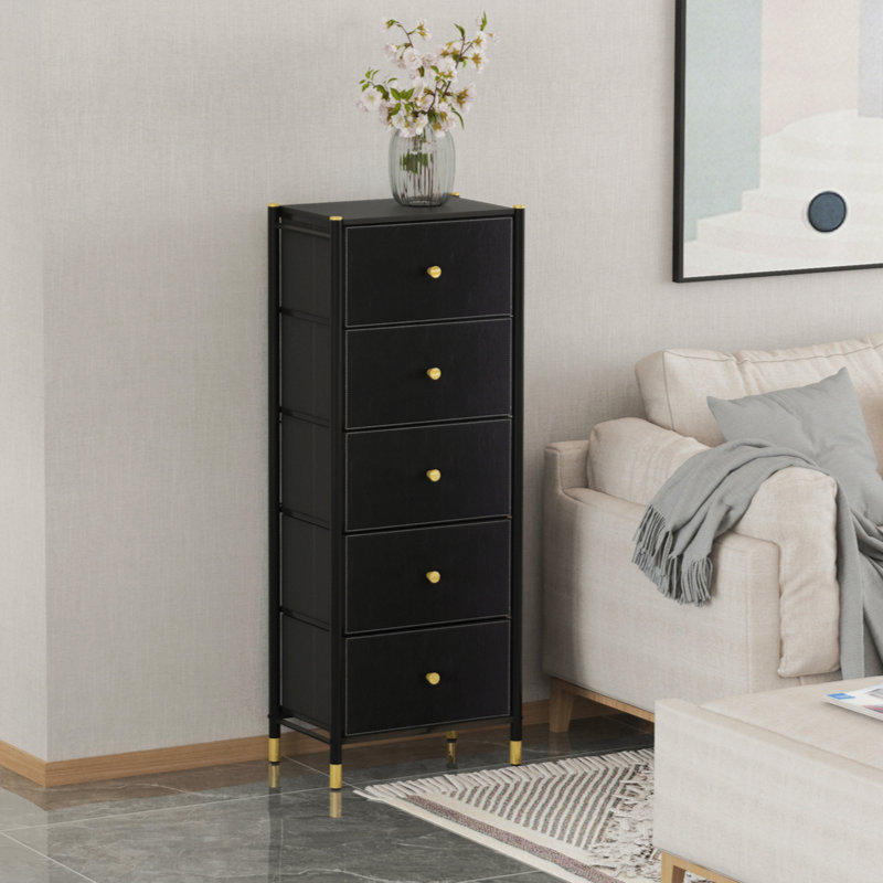 Commode à tiroirs, commode haute avec 5 tiroirs en similicuir, tour de rangement avec bacs en tissu