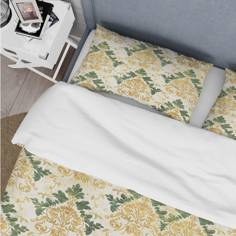 Ensemble de housse de couette en damas doré et vert Glamour I, Housse de couette très grand + 2 taies décorativ