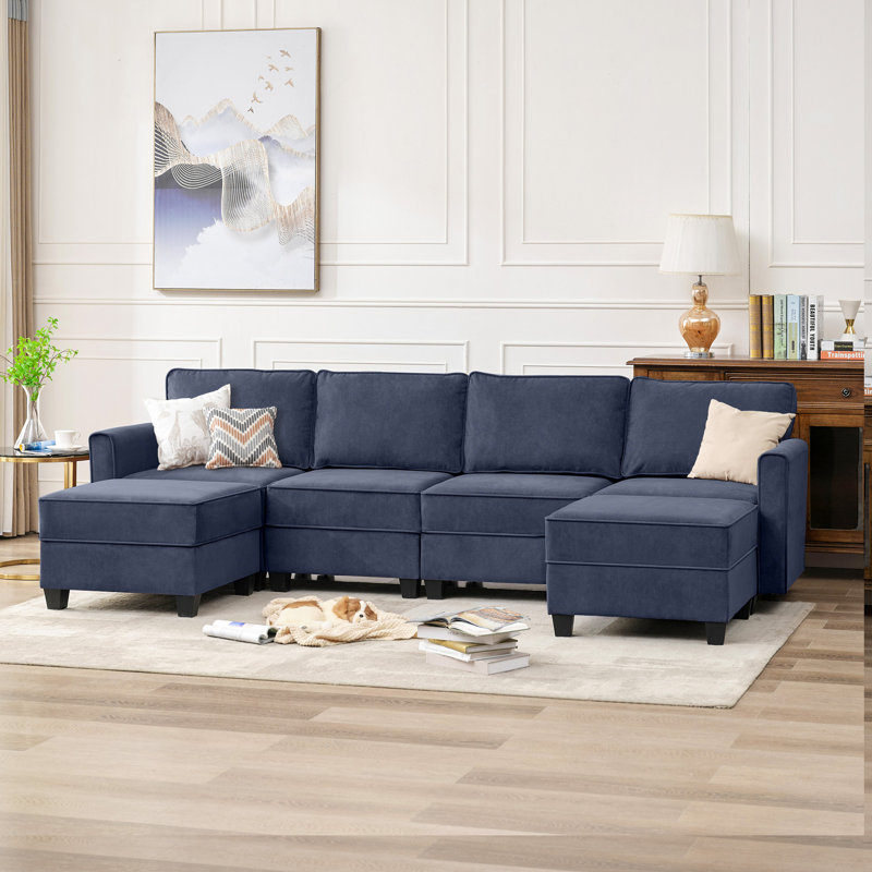 Canapé modulaire rembourré 7 pièces Zellar, Velours bleu marine