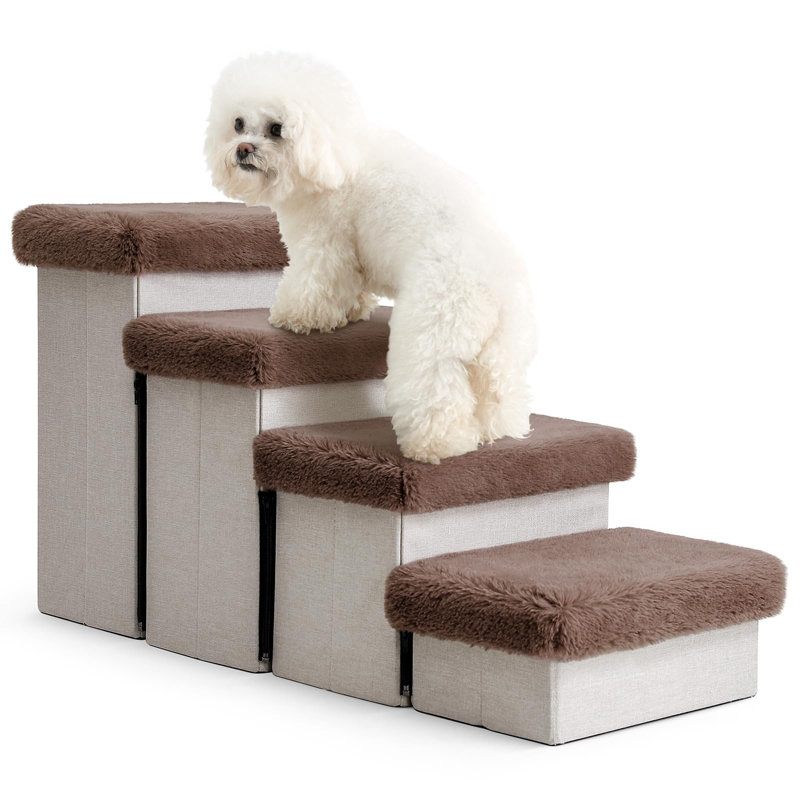 Foldable Brown Fabric Pet Stairs with Storage