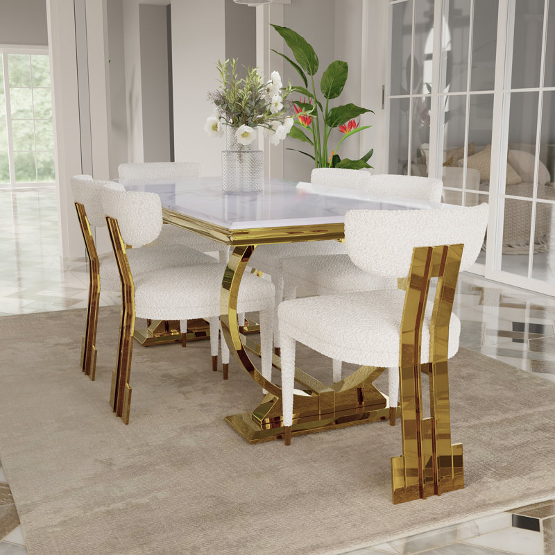 Ensemble de table de salle à manger moderne 7 pièces avec 6 chaises, Blanc / or