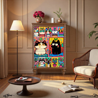 Whimsical Cat Design Solid Wood 5-Drawer Chest