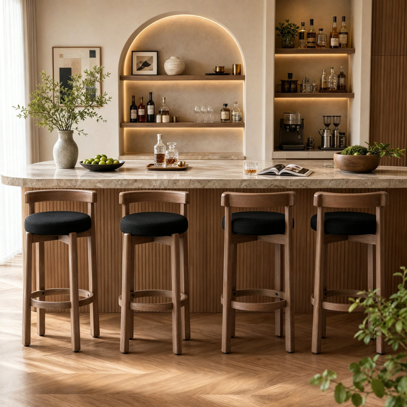 Tabourets de bar de style médiéval-moderne avec dossiers, avec une structure en bois massif recouverte d'un tissu en lin doux; Idéal pour les îlots de cuisine (ensemble de 2)
