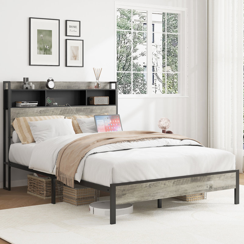 Full Size Bed Frame With Storage And 2 Usbs, Classic Design, Brown Wood Tone, Structure, No Noise, Fast Assembly, Bedroom Must - Have Wooden Platform Gray Easy Support For Mattresses