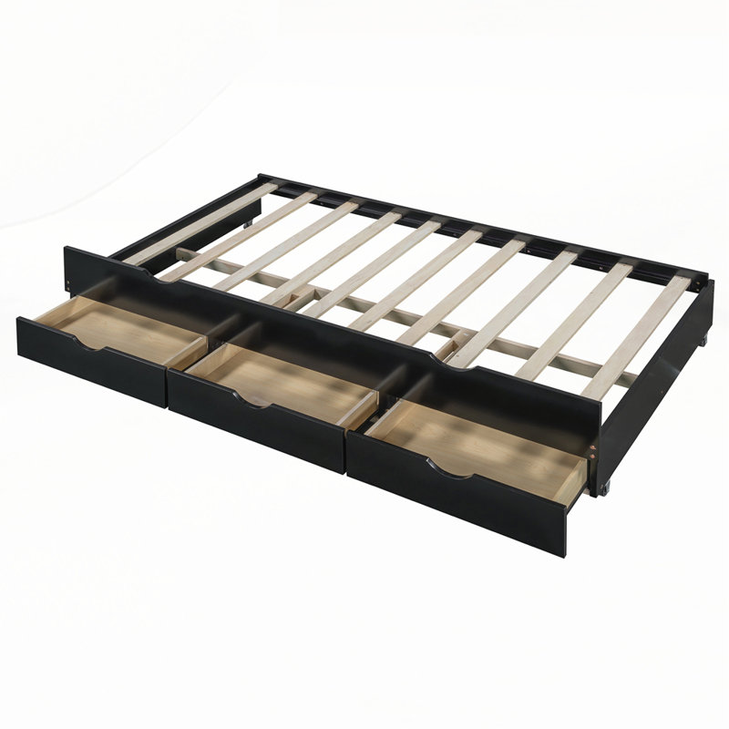 Lit plateforme en bois avec lit gigogne et tiroirs à DEL, Simple, Espresso