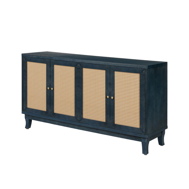 Baotran Console Table, Sideboard Buffer Cabinet with 4 Rattan Doors and Adjustable Shelves for Living Room, Antique Navy Blue