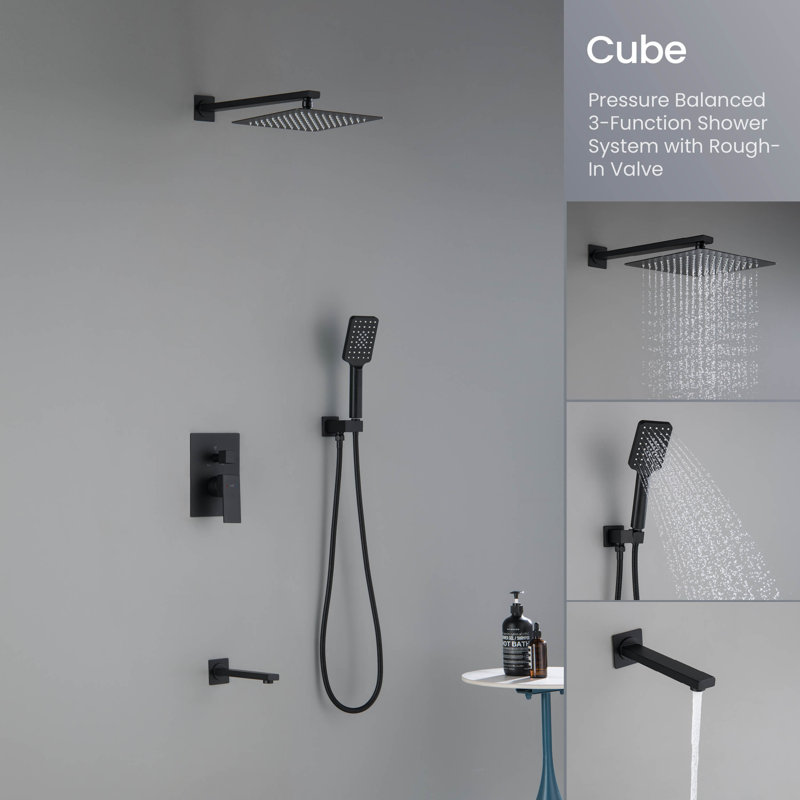 Cube Pressure Balanced 3-Function Shower System with Rough-In Valve, Matte Black