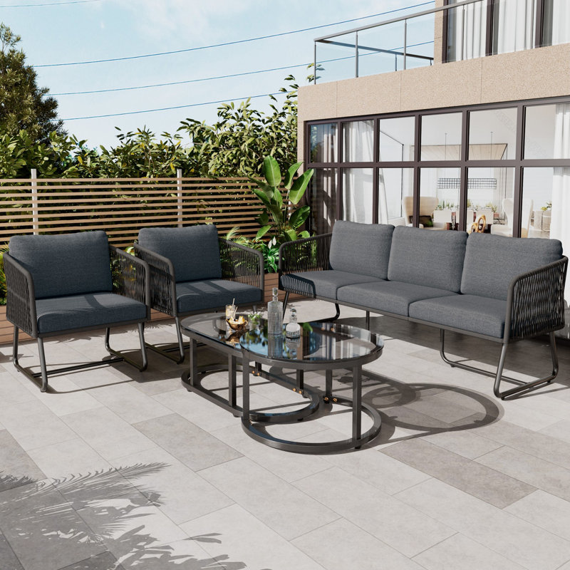 Outdoor Conversation Sets Handwoven Rope Weaving Furniture Set For 5 People With Galvanised Iron Frame, Grey/Black