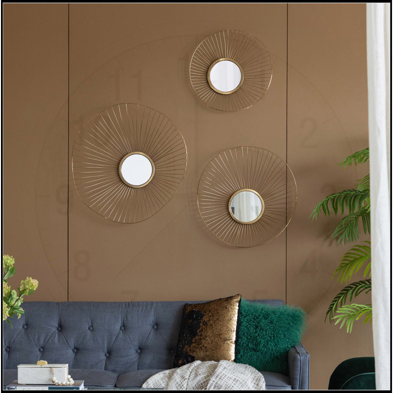 Ensemble de 3 miroirs muraux abstraits avec cadre doré pour la maison et le bureau, haut du buffet L: 26 x 5 x 25,5 po
